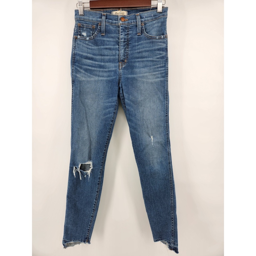 Madewell High-Rise Skinny Jeans Distressed Raw Hem Medium Wash Blue Denim